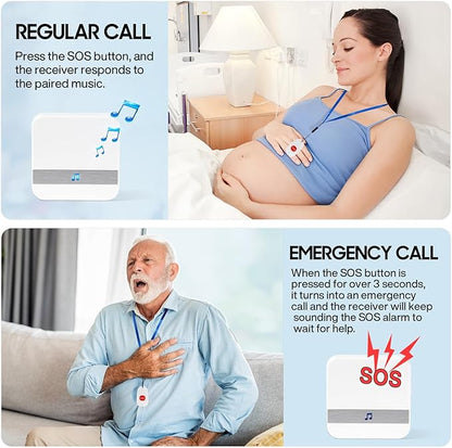 Caregiver Pagers Wireless Call Button for Elderly Patient Personal in Home Life Alert System for Seniors Range 260ft/80Menter,60 Ringtones (3 Call Buttons + 2 Receivers)
