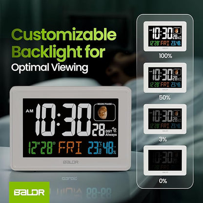 Baldr Atomic Clocks for Bedrooms Digital Large Display - White - Desk Clock with Temperature Indoor and Humidity, Night Stand Clock, Moon Phase Clock, Alarm Clocks for Living Room, Digital Clock Wall