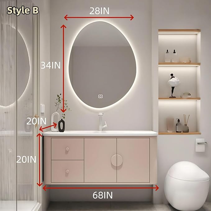 68IN Pink Modern Bathroom Vanity - Bathroom Vanities Set with 2 Drawers Wall Mounted | Rounded Corner Smart Defogging Mirror Cabinet with Lighting & Time Display, Side Opening Storage Shelf (Style B)