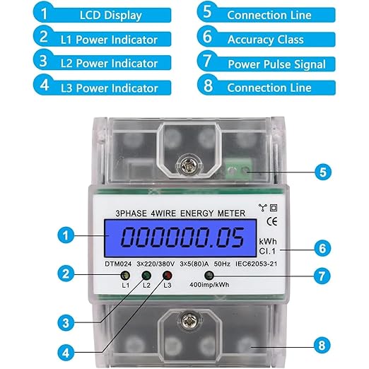 3 Phase Power Meter DTM024 Digital LCD Display Energy Meter Electric Kilowatt Hour Meter, 220/380V 5-80A