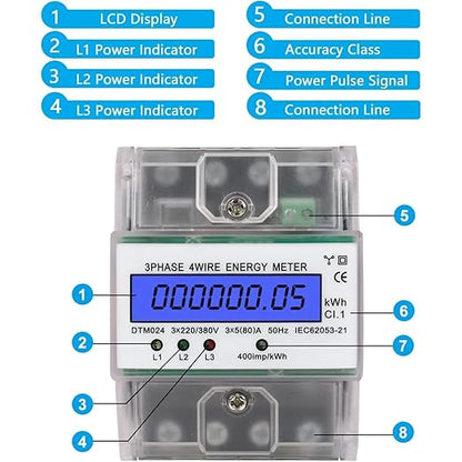 3 Phase Power Meter DTM024 Digital LCD Display Energy Meter Electric Kilowatt Hour Meter, 220/380V 5-80A