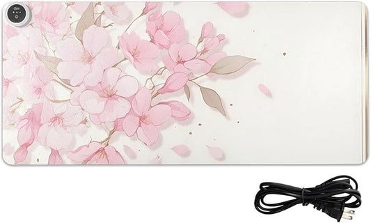 Large Heated Mouse Pad,Leather Desk Mat,31.5"x13",Hand Warmer Pads for Desk,Sakura（Pink White）