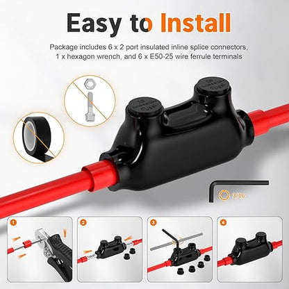 Joinfworld Insulated Inline Splice Connector 2/0-6 Gauge Aluminum to Copper Wire Connectors 6 AWG Splice Aluminum Wire Connectors UL Listed with Slotted Allen Hex - 6 Pack