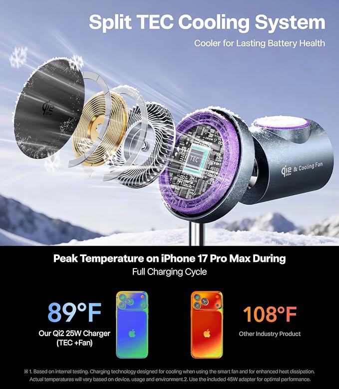 Qi2.2 Certified 25W Fast Charging Station with Cooling Fan, 3 in 1 Wireless Charger Design for MagSafe Charger for iPhone 17/16(iOS 26)/Pixel 10, Charging Stand with 45W Adapter for iWatch & AirPods