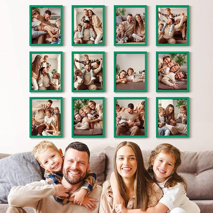 Renditions Gallery Set of 12, 8X10 Custom Photo Prints with Real Wood Picture Frames. Create Personalized Photos with Peel & Stick Photo Frames. Green Frame