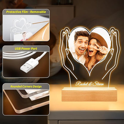 Custom Picture Frames, Customized Picture Frame, Personalized Photo Frame with Night Light, Personalized Anniversary Valentines Day Gifts for Women Men Her Him Girlfriend Boyfriend Couples