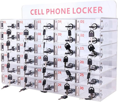 30 Slots Clear Cell Phone Locker,Acrylic Cell Phone Organizer Phones Storage Cabinet Wall Mounted with Door Locks Keys for Factory Office School 12.9X20.6X7.2inch
