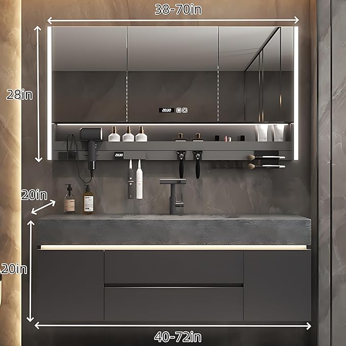 Modern Bathroom Vanity – Cabinet Set with LED Smart Defogging Mirror & Time Display | Bathroom Vanity with Sink, Large Space Storage with Easy Installation, 2 Drawers (Gray, 72IN)