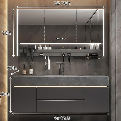 Modern Bathroom Vanity – Cabinet Set with LED Smart Defogging Mirror & Time Display | Bathroom Vanity with Sink, Large Space Storage with Easy Installation, 2 Drawers (Gray, 64IN)