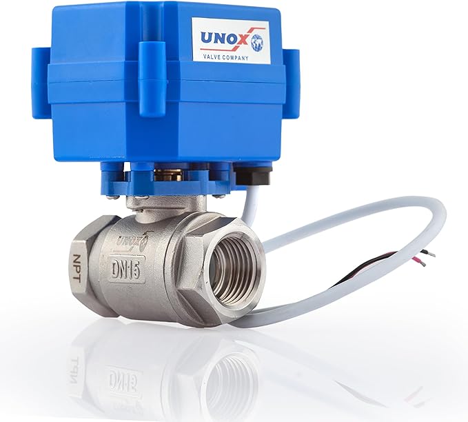 UNOX 1/2 Motorized Ball Valve Stainless Steel AISI304 - Electric Water Valve 9-24V AC/DC and 2 Wire Auto Return Setup - Automatic Main Water Electric Shut off Valve - Ball Valves
