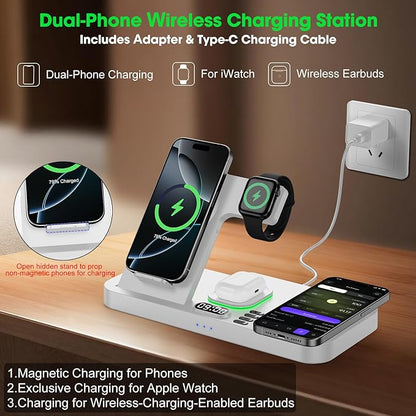 Dual Phone Wireless Charging Station for Apple Devices, Magnetic Charging Station for iPhone with Auto Switch 7-Color Light&Clock, Family Watch Charger for iPhone17 for iWatch11 for AirPods Pro3(Cream