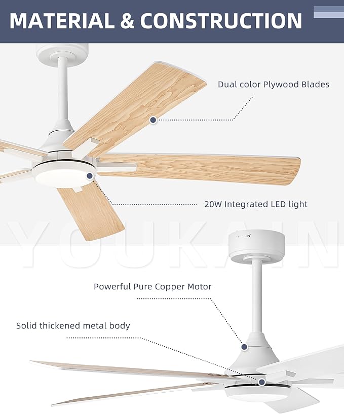 YOUKAIN Ceiling Fans with Lights, 52 Inch White Ceiling Fans, Bedroom Ceiling Fan with Remote & APP Control, Reversible Blades, LED Ceiling Fan for Cover Outdoor Living Room, 52-YJ812-WH