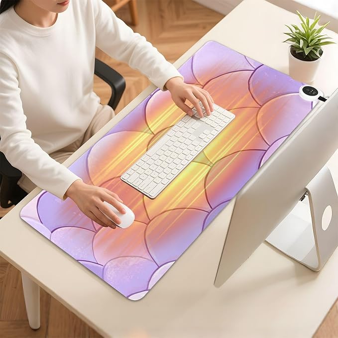 Heated Desk Pad Mouse Pad 31.5x13 Inch PU Leather Desk Mat with 3 Heat Levels Large Mouse Gaming Computer Laptop Mat Light Purple Fish Scales