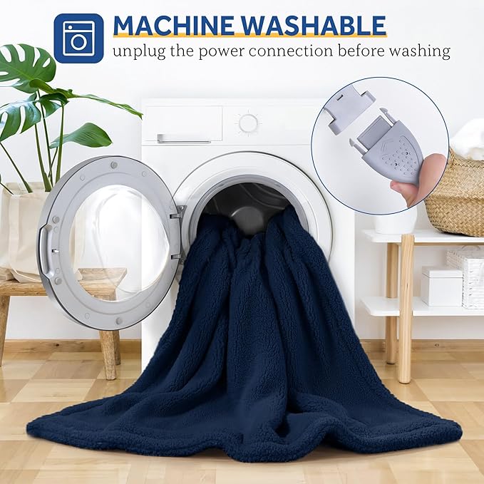 Sealy Electric Blanket Heated Throw 50"x60" Soft Double Sherpa Super Cozy with 6 Fast Heating Levels & 2-10 Hours Auto-Off, Over-Heat Protection, Machine Washable, Navy Blue