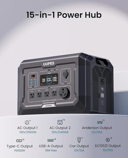 OUPES Mega 2 2500W Portable Power Station with 2048Wh B2 Smart Extra Battery, Up to 4096Wh Lifepo4 Home Battery Backup with Expandable Capacity, Solar Generator for Home Use, Blackout, Camping, RV