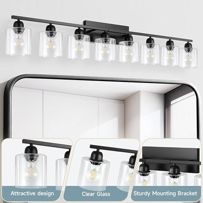 Modern 8 Light Bathroom Light Fixtures, 52 inch Vanity Lights for Bathroom with Clear Glass, Black Bathroom Light Fixture for Mirror Kitchen Living Room Hallway Cabinet Porch