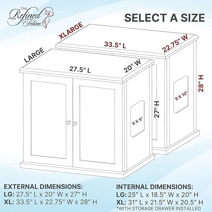 The Refined Feline Cat Litter Box Enclosure Cabinet, Cottage, White, Adjustable Levelers, XLarge, Hidden Litter Cat Furniture with Drawer