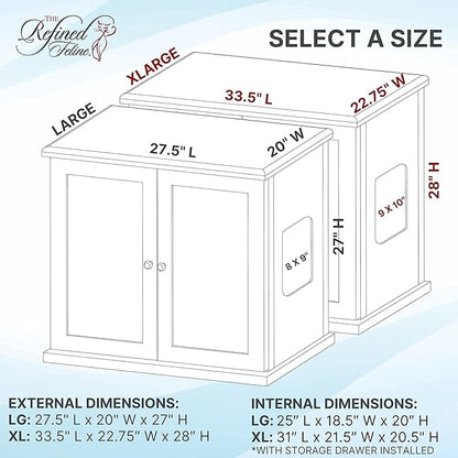 The Refined Feline Cat Litter Box Enclosure Cabinet, Cottage, White, Adjustable Levelers, XLarge, Hidden Litter Cat Furniture with Drawer