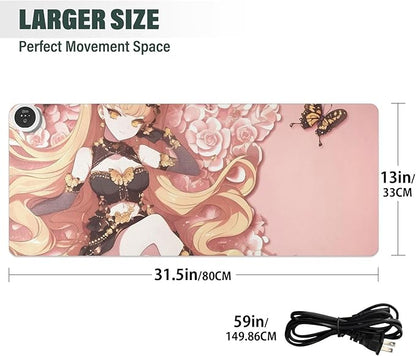 Large Heated Mouse Pad,Leather Desk Mat,31.5"x13",Hand Warmer Pads for Desk,Girl Butterfly(Glod Pink)