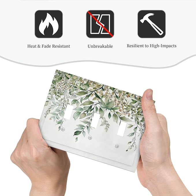 Decorative Switch Plates Sage Green Eucalyptus Watercolor Plant Leaves 3 Gang Wall Plate Triple Toggle Light Switch Cover Faceplate Electrical Wall Panels for Bedroom Bathroom Decor
