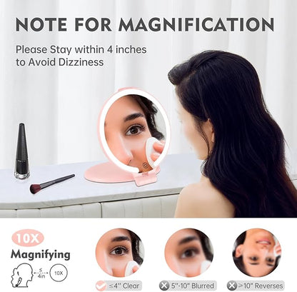 FUNTOUCH Travel Mirror with Light, 10X 1X Double Sided Magnification Rechargeable Mirror for Women Girls with 3 Color Setting Adjustable Rotation LED Vanity, Pink