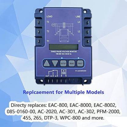 ICM450A 3-Phase Voltage Monitor with Backlit LCD, 190-600V AC, 25-Fault Memory, Programmable Relay, Replacement for ICM450A, EAC-800, PFM-2000