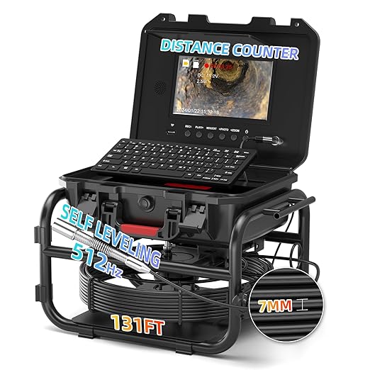Sanyipace Sewer Camera 131FT/40M with 512Hz Transmitter, Self-Leveling, Distance Counter, Plumbing Inspection Camera with Microphone Speaker Audio Video Record, 16GB TF Card, Pipe Pulley (7mm Cable)
