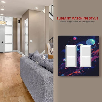 Decorative Outlet Covers Purple Space Astronaut Planet 2 Gang Wall Plate Double Rocker Two Switch Wall Cover Plate Jumbo Dual Electrical GFCI Face Plate for Bedroom Home Decor
