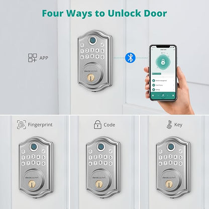 DS10 Pro Keyless Entry Door Lock with Handle Set, Smart Front Door Locks Set, Electronic Keypad, Fingerprint Deadbolt, Bluetooth APP Control, Auto-Lock & One Touch Locking, Satin Nickel