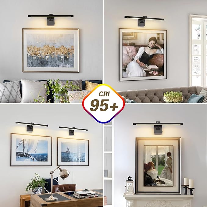 Joosenhouse Battery Operated Picture Lights for Wall Rechargeable Art Lighting for Paintings Wireless Gallery Lights with Remote Control and Timed Dimmable with Single Swing Arm 24.4 Inch Black