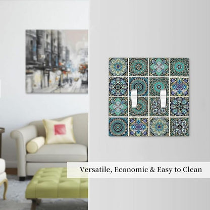 Decorative Switch Plates Mandala Decorative Rustic Vintage Turquoise Pattern 2 Gang Double Toggle Outlet Light Switch Cover Wall Plate Electrical Faceplate for Bedroom Bathroom Decor