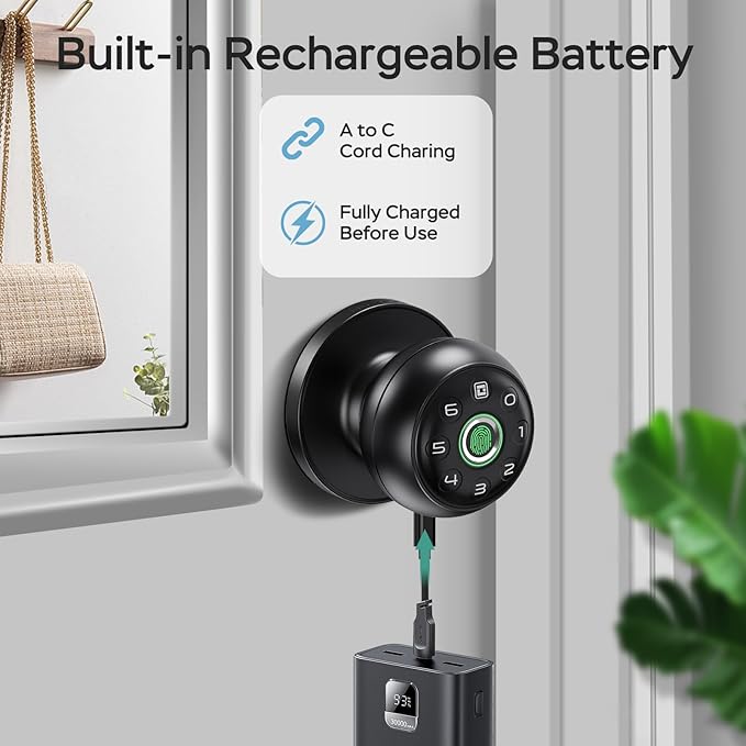 GeekTale Fingerprint Door Lock for Bedrooms, Fingerprint Door Knob with Lock, Smart Door Lock, App Control, Back-up Keys, Thumbprint Door Knob for Bedrooms, Office, Apartment
