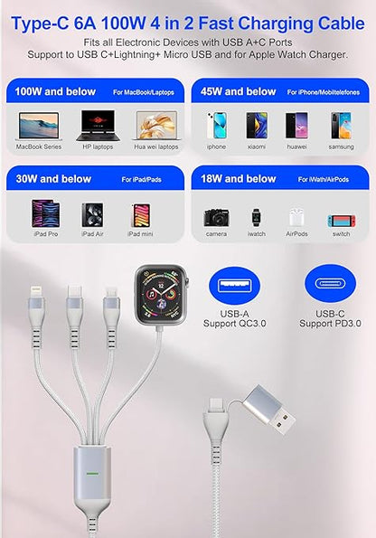 100W Multi Charging Cable for Apple Watch, 4-in-2 Charger Cord with Type C/Lightning/Micro USB/Magnetic iWatch Charger for iPhone 17-12, MacBook, iPad, Samsung, 10FT RV & Travel Essentials