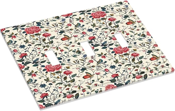 Decorative Switch Plates Vintage Flowers Rose Leaf Bird Butterfly 3 Gang Wall Plate Triple Toggle Light Switch Cover Faceplate Electrical Wall Panels for Bedroom living Room Decor