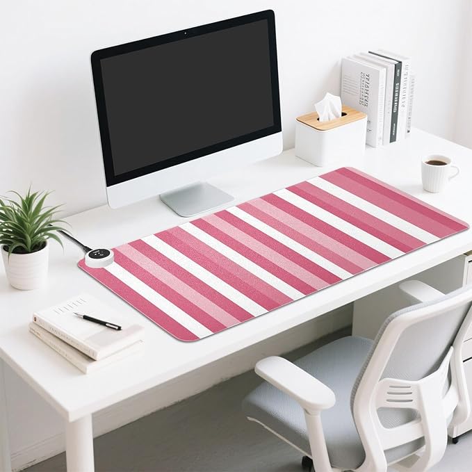 Heated Desk Pad Mouse Pad 31.5x13 Inch PU Leather Desk Mat with 3 Heat Levels Large Mouse Gaming Computer Laptop Mat Pink and White Stripes
