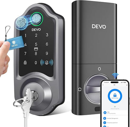 DEVO G8 Smart Lock with Doorbell - 6-in-1 Fingerprint Keyless Entry Deadbolt, Built-in Wi-Fi & APP Control, IP54 Waterproof Auto-Lock for Front Door Security, Easy Install (BHMA Certified)