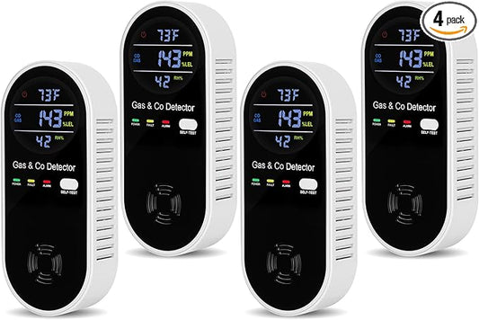 4 Packs Carbon Monoxide Detectors Plug in, 4-in-1 Natural Gas Leak Detector & Carbon Monoxide Detectors with Temperature & Humidity, Natural Gas Detectors for Home/Apartment/RV