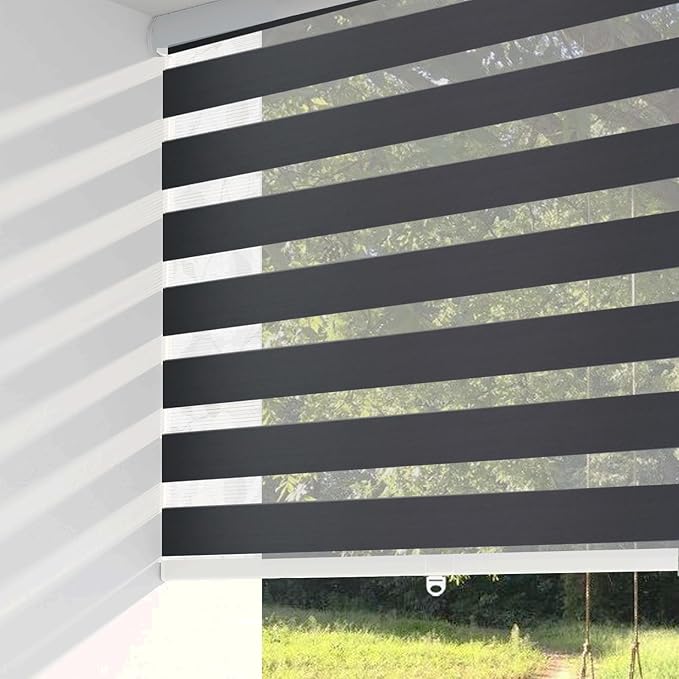 ShadesU Cordless Zebra Blinds – Light Filtering Dual-Layer Window Shades for Privacy (Black Color) (Maximum Height 72") (Width 29.5")