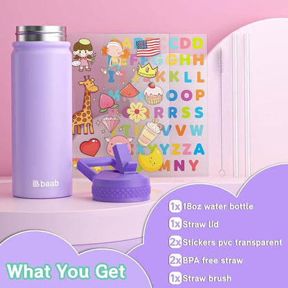 baab 18oz Kids Water Bottle, Insulated Water Bottle with Straw & Stickers, 18/8 Stainless Steel Vacuum Leakproof Kds Water Straw Cup for School, Perfect for Boy Girl (Purple, 1 Pack)
