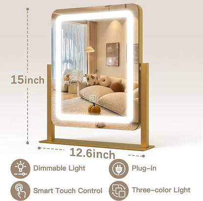 ROLOVE Vanity Mirror with Lights, 12.6"×15" LED Makeup Mirror, Lighted Makeup Mirror with Lights, Smart Touch Control Dimmable 3 Modes Light, Lighted Up Mirror for Makeup Desk, Gold