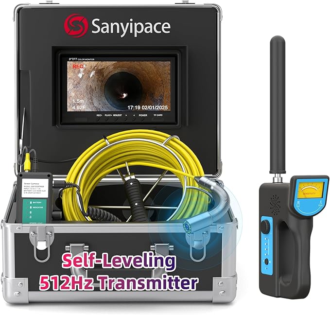 Sanyipace Sewer Camera 100FT with 512Hz Locator, Self-Leveling Drain Camera Pipe Inspection Cámara, Distance Counter, IP68 Waterproof, 9" HD Color Screen, Video Record up to 128GB