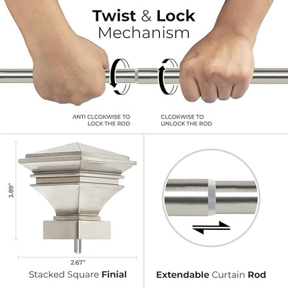 Deco Window 1 Inch Adjustable Satin Silver Curtain Rod for Windows & Doors Curtains with Square Finials & Brackets Set - 36" to 66"