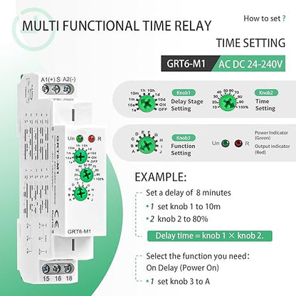 Multifunction Time Relay, Delay ON Off 10A GRT6 M1 AC DC 24-240V with 10 Relay Timer Control Delay Function Mode DIN Rail Electronic Relays of Wide Time Delay Range for 0.1 Seconds to 10 Days