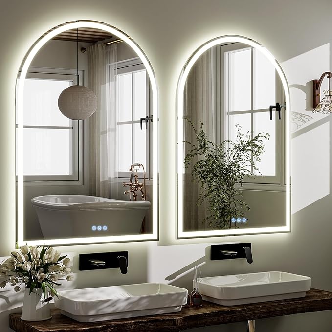 BEAUTYPEAK 40x30 LED Arch Bathroom Mirror with Lights, Anti-Fog, Dimmable, Backlit + Front Lit, Lighted Bathroom Vanity Mirror for Wall, 3 Colors, Memory Function, Tempered Glass, Shatter-Proof