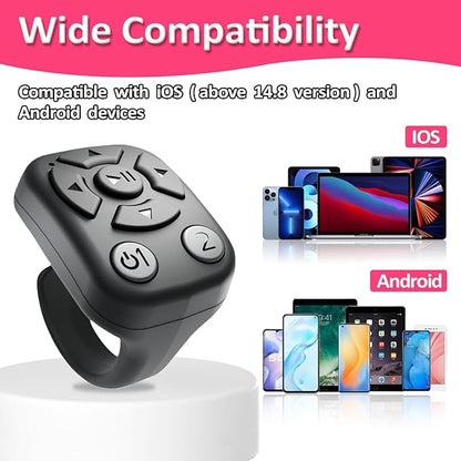 TikTok Scrolling Ring - Bluetooth Remote for TikTok Clips & Tunes, iPhone-Compatible Fingertip Wireless Bluetooth Controller, Ideal for iPad, iOS & Android, with Lively Camera Shutter-(Black)