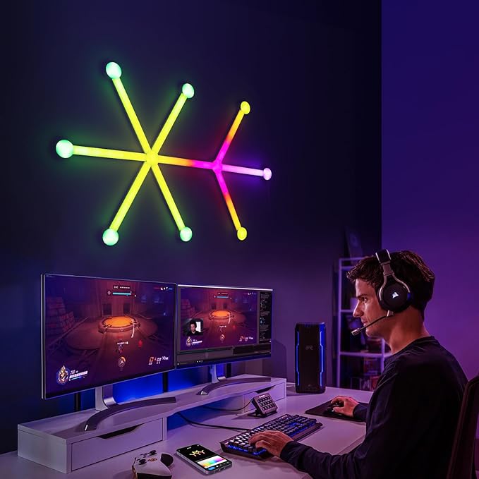 Smart WiFi RGB LED Wall Light Lines, Music Sync DIY Geometry Splicing Gaming Lights, 16M+ Color Changing Home Decor Lights Work with Alexa and Google Assistant for Game Room, Bedroom - 9 Bars