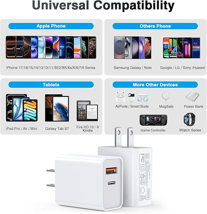 LCGENS USB C Wall Charger Block 20W, 2-Pack Dual Port PD Power Delivery Fast Type C Charging Block Plug Compatible with iPhone 11/12/13/14/15/16/17 Pro Max, XS/XR/X, Ipad Pro, Samsung Galaxy