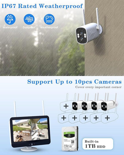 [Dual Lens 2K+2K&10X Zoom] Home Wireless Security Camera System with 12.5" LCD Monitor Outdoor, 10CH Kit 4PCS House WiFi Camera 1TB HDD