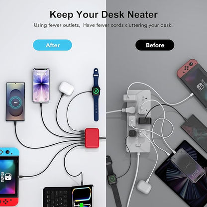 USB C Fast Charger 100W GaN 6 Port Type USB C Charging Station Hub Block Wall Charger Power Strip Adapter Plug Cube Brick 3 USB A for iPad iPhone 17 16 15 14 13 12 11 Pro Max