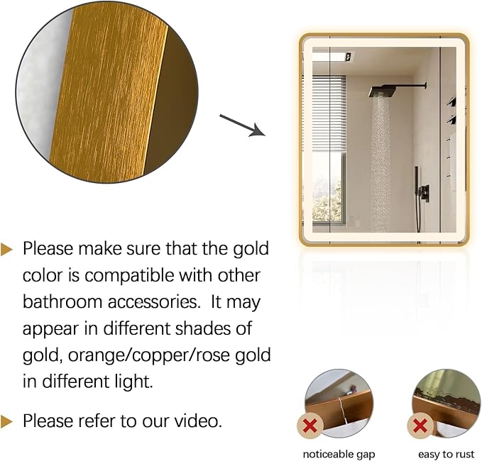 Rectangle LED Bathroom Mirror, 40"x30" Anti-Fog Double Touch Lighted Wall Vanity Mirror 45° Beveled Metal Frame Stepless Adjustable Color Temperature Smart Mirror 3000K-6000K, Gold